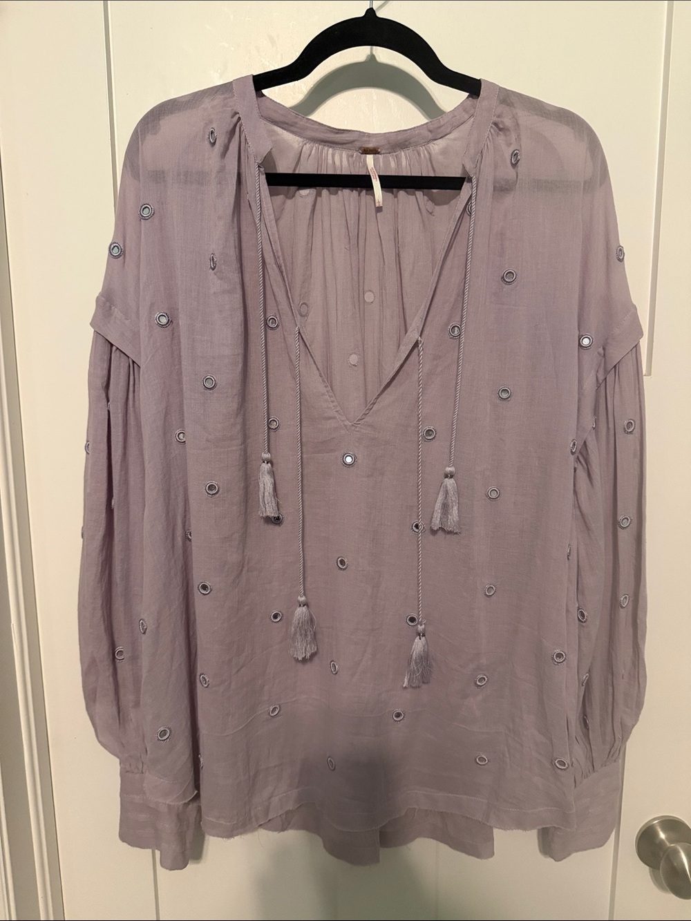 Free People 100% Cotton Lavender Silver Embellished Boho Tassel Tunic Size L - Picture 1 of 10